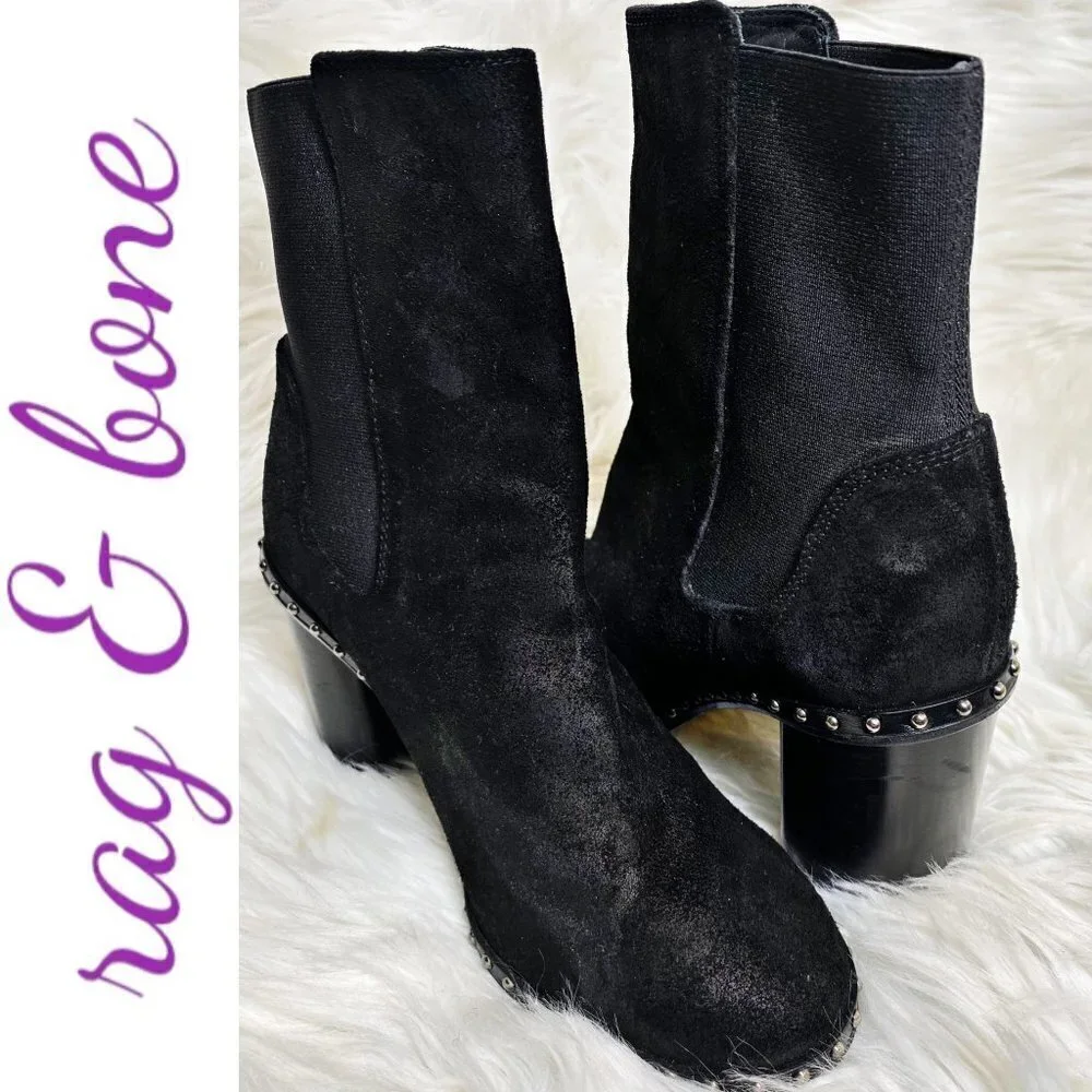 RAG & BONE‎ Romi Black Suede Chelsea Silver Stud Block Heel Bootie, Size 36